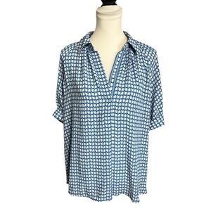 Max Studio Blouse Top Women's Plus Size 1X Blue & White Print Collared Work Wear